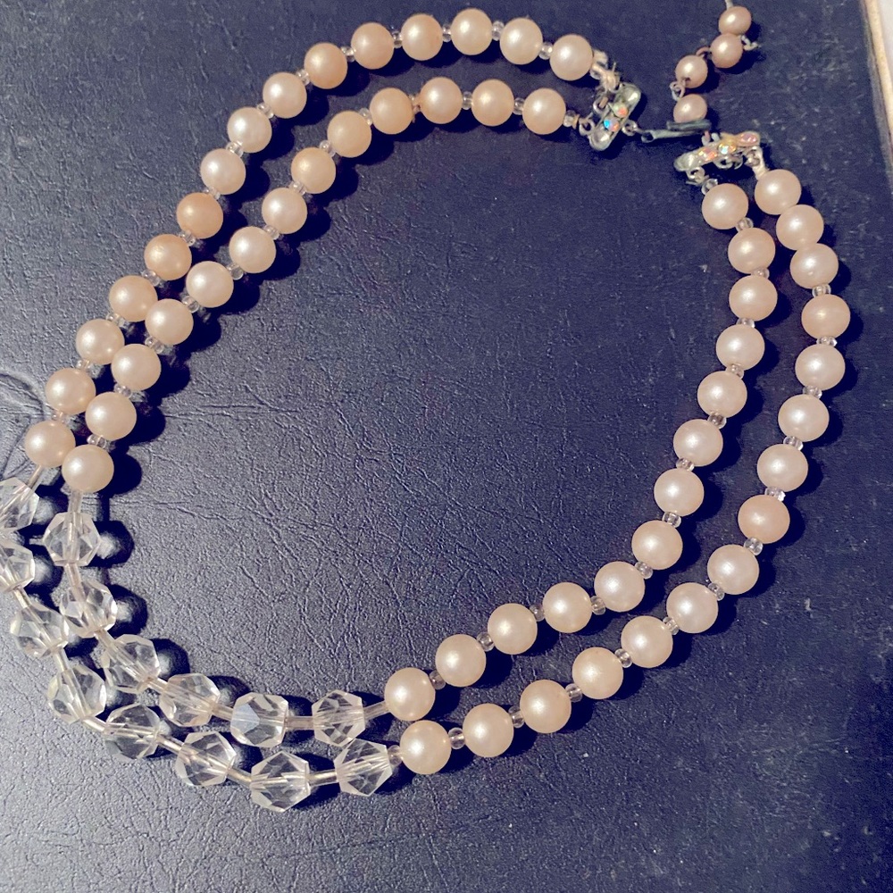 Vintage 2 Strand cream and clear bead necklace